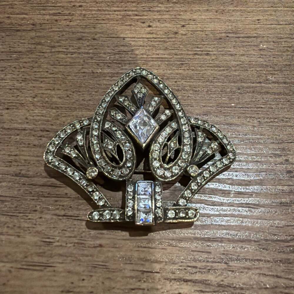 Art Deco Revival Clear Rhinestone Brooch Pin Gold Tone Large Lapel Scarf Pin